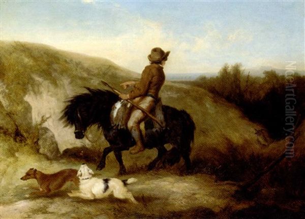 A Boy On A Shetland Pony, Holding A Spear, With Dogs In A Hilly Landscape Oil Painting by Charles Hancock