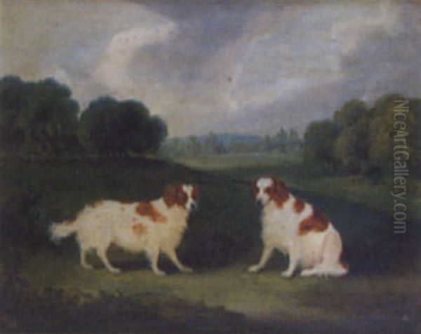 Cavalier King Charles Spaniels Seated In A Landscape Oil Painting by Charles Hancock