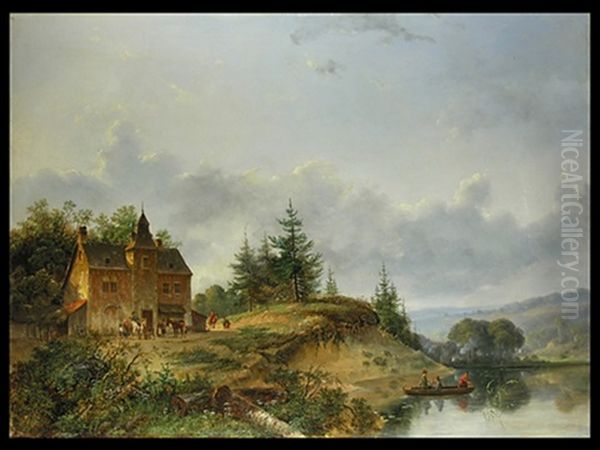 Landschaft Mit Gebaude Und Hugel Am Flussufer Mit Personenstaffage Und Kahn Oil Painting by J.G. Hand van Schelfhout