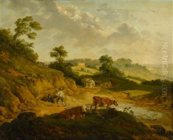 Extensive Landscape With Figures, Cattle, Horses And Donkeys Oil Painting by Thomas Hand