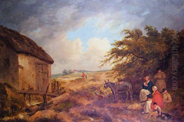 Extensive Country Landscape With Figures, Donkey And Cottage In The Foreground Oil Painting by Thomas Hand