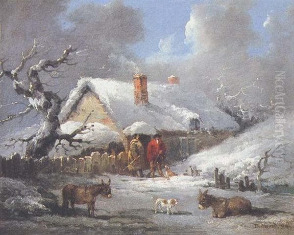 Cottagers And Donkeys In Winter Oil Painting by Thomas Hand