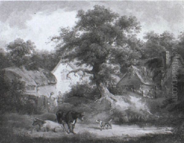 Cattle And A Dog By A Homestead Oil Painting by Thomas Hand