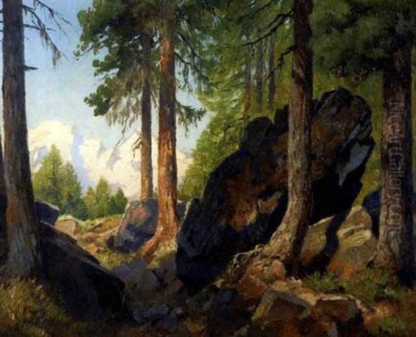 Felsiger Hochwald Mit Blick Auf Schneebedeckte Berge Oil Painting by Eduard Freiherr von Handel-Mazetti