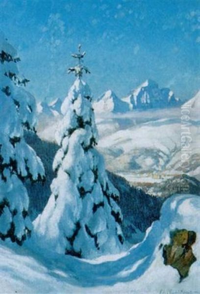 Winter Im Dolomitengebiet Mit Blick Auf Ein Dorf Oil Painting by Eduard Freiherr von Handel-Mazetti