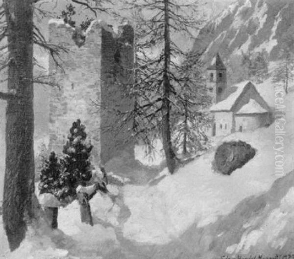 Winterlandschaft Mit Kirche S. Maria Bei Pontresina by Eduard Freiherr von Handel-Mazetti