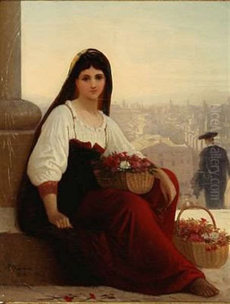 A Young Girl Selling Flowers In Rome Oil Painting by Paul Haendler