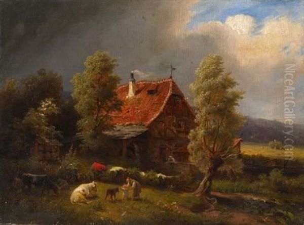 Aufziehendes Gewitter Uber Einer Westfalischen Muhle Oil Painting by Johann Jakob Eduard Handwerk