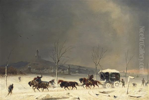 Postkutsche Im Wintersturm Auf Der Landstrase Oil Painting by Johann Jakob Eduard Handwerk