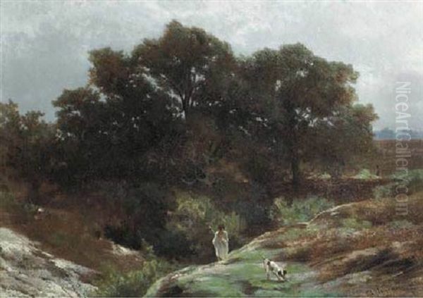 A Shepherd On A Sunlit Heath, Barbizon (?) Oil Painting by Louwrens Hanedoes