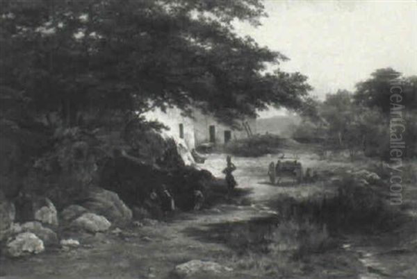 A Landscape With Women Laundering In A Stream Oil Painting by Louwrens Hanedoes