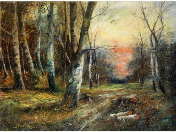 Blick In Die Schneise Eines Birkenwaldes Im Abendlicht Oil Painting by Rezso Balint