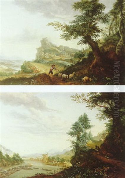 A Mountainous River Landscape With A Shepherd And His Flock Oil Painting by Egbert Marinus Frederik de (d'Ivoy) Hangest