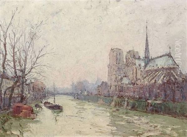 Notre Dame De Paris Vue Du Petit Pont Oil Painting by Rene Hanin