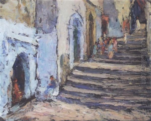 Rue En Escaliers Dans La Casbah Oil Painting by Rene Hanin