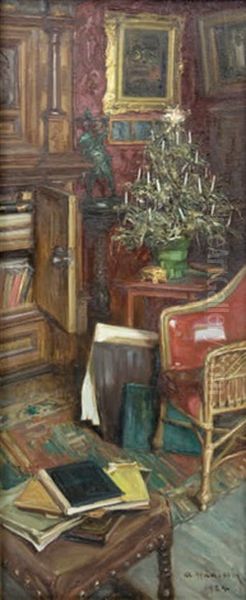 Weihnachtsbaum In Der Bibliothek Oil Painting by Alois Hanisch