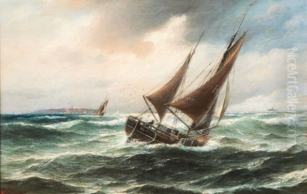 Hamburg Fishing Boat Off Heligoland Oil Painting by Wilhelm Hanken