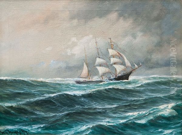 Tall Ship In Choppy Sea Oil Painting by Wilhelm Hanken