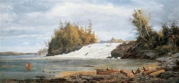 Riverscape With Canoeists By A Rapid Oil Painting by Michael Hannaford