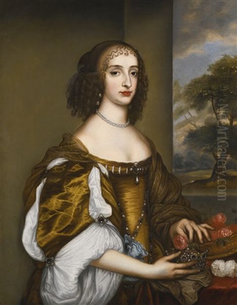 Portrait Of Mary, Princess Of Orange (1631-1660), Holding A Rose Oil Painting by Adriaen Hanneman