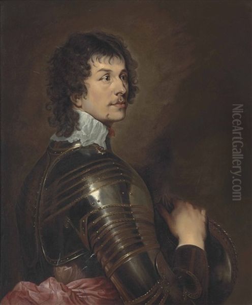 Portrait Of Charles Stanley, 8th Earl Of Derby (1622-1692), Half-length, In Armour, His Right Hand Resting On His Helmet Oil Painting by Adriaen Hanneman