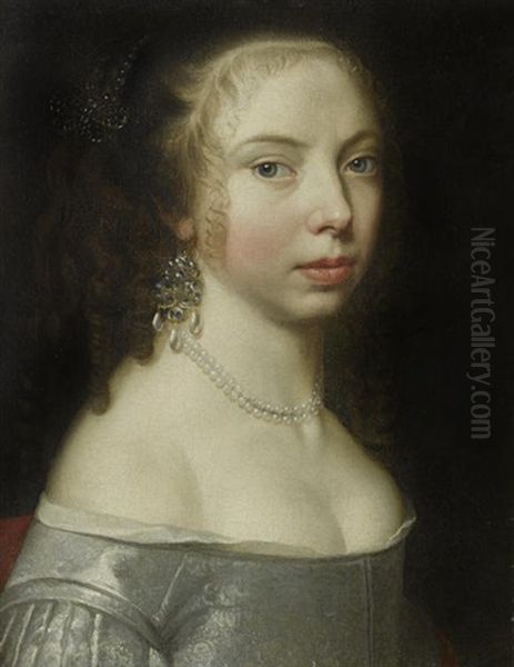 Portrait Of A Lady In A Blue Silk Dress, With A Pearl Necklace Oil Painting by Adriaen Hanneman