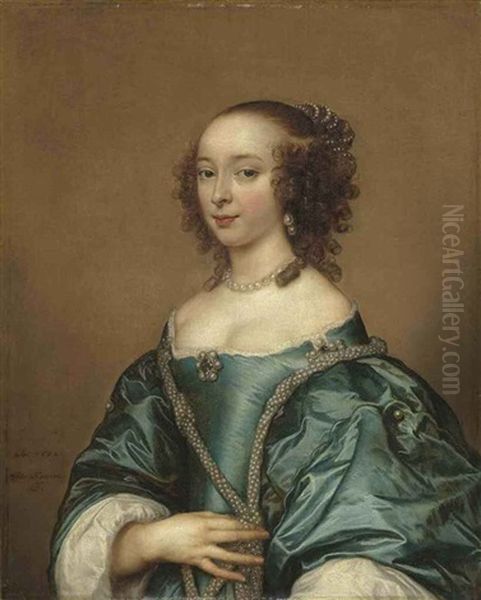 Portrait Of A Lady In A Blue Dress With Pearls Oil Painting by Adriaen Hanneman