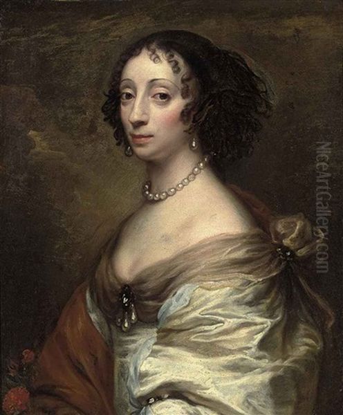 Portrait Of A Lady In A White Satin Dress, With A Broach And Pearls, A Red Flower In The Foreground Oil Painting by Adriaen Hanneman