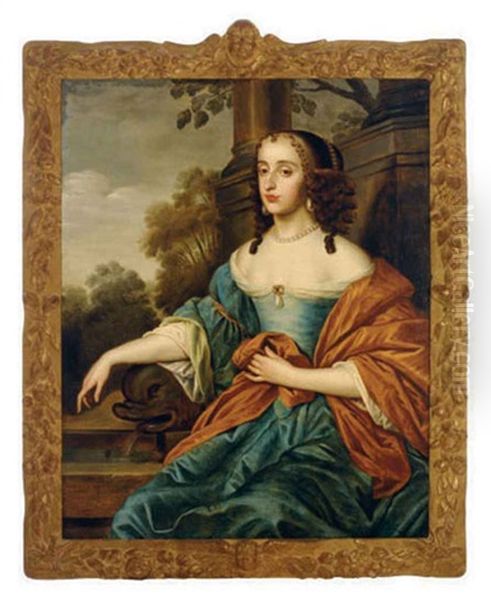 Portrait Of A Lady Wearing A Blue Dress, Seated In A Landscape Oil Painting by Adriaen Hanneman