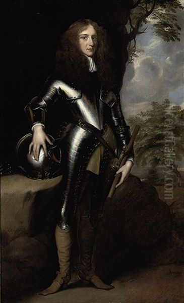 Portrait Of A Gentleman In Armor, His Right Hand Resting On A Helmet, His Left Holding A Baton, In A Landscape Oil Painting by Adriaen Hanneman