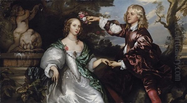 Portrait Of A Lady And Gentleman (charles, Lord Herbert And His Wife, Mary?) By A Sculptural Fountain Oil Painting by Adriaen Hanneman