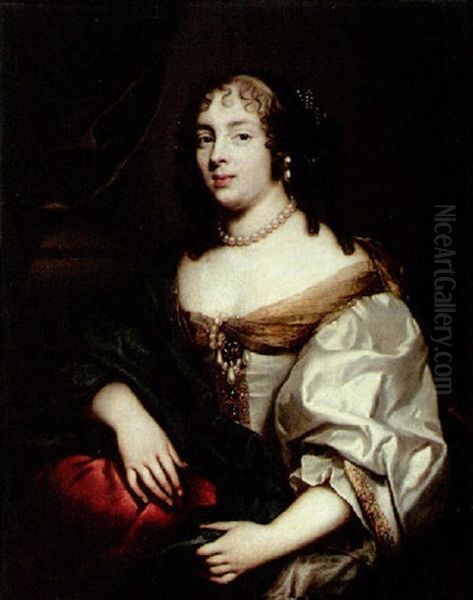 Portrait Of A Lady Wearing A Silver Silk Dress And Blue Robes Oil Painting by Adriaen Hanneman