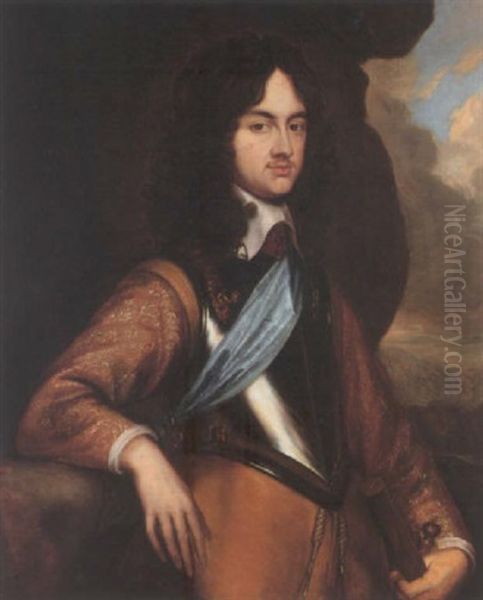 Portrait Of Charles Ii Wearing A Breastplate, In A Landscape Oil Painting by Adriaen Hanneman