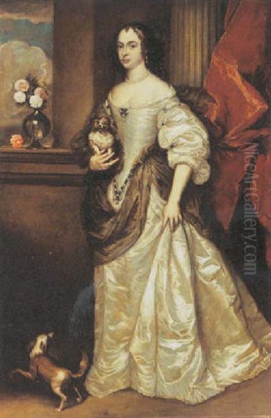 A Portrait Of A Lady, Wearing A White Silk Dress With Green Shawl And Pearl Jewellery, Holding A Lapdog Oil Painting by Adriaen Hanneman