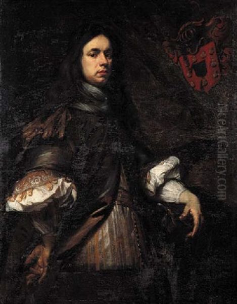 Portrait Of A Member Of The Imstenraedt Family Wearing A Light Brown Coat With Silk Waistcoat, Lace Chemise, Holding A Baton In His Left Hand Oil Painting by Adriaen Hanneman