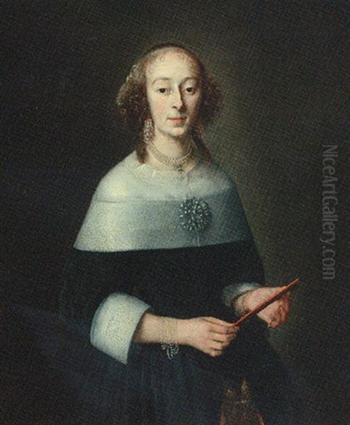 Portrait Of A Lady, In A Black Dress Whith A White Lace Collar And Cuffs, Holding A Fan Oil Painting by Adriaen Hanneman