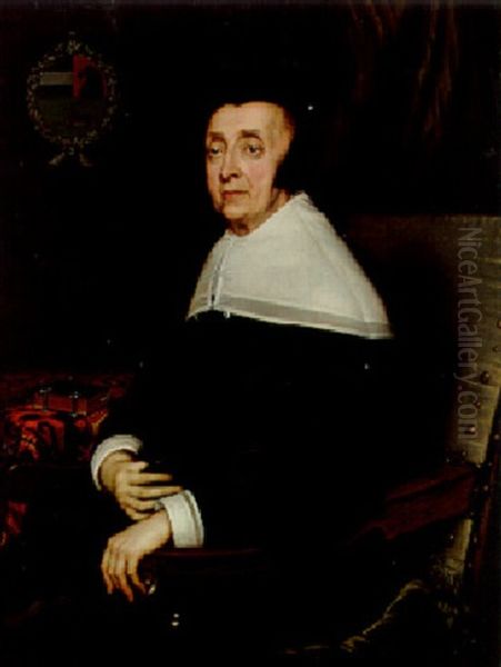 Portrait Of A Lady Of The Sas Family, Aged 73, Seated Three-quarter Length, In A Black Dress Oil Painting by Adriaen Hanneman