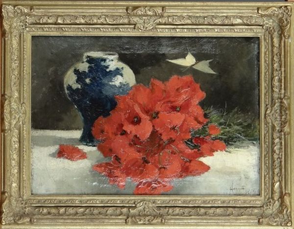 Vase En Faience De Delft Et Fleurs Rouges Oil Painting by Theodore Hannon