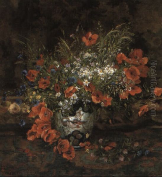 Poppies And Other Flowers In A Japanese Imari Vase by Theodore Hannon