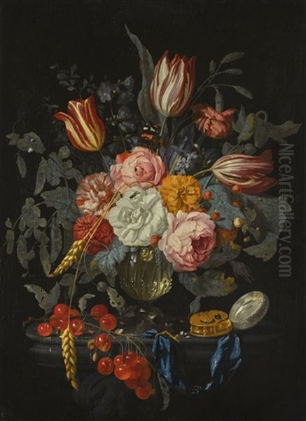 Still Life Of Tulips, Roses And Other Flowers In A Glass Vase, Together With Cherries And A Watch On A Ledge Oil Painting by Johannes Hannot