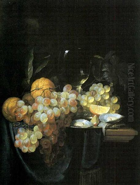 Nature Morte Aux Grappes De Raisin, Citron Et Huitres Sur Un Entablement Oil Painting by Johannes Hannot