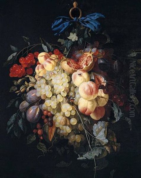 Still Life Of Grapes, Peaches, Plums, Raspberries, And Cherries, Suspended From A Ring, Tied With A Blue Ribbon, Together With A Butterfly And A Fly Oil Painting by Johannes Hannot