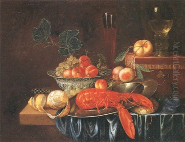 Nature Morte Avec Hommard, Plat En Etain, Fruits Et Petite Boite Oil Painting by Johannes Hannot