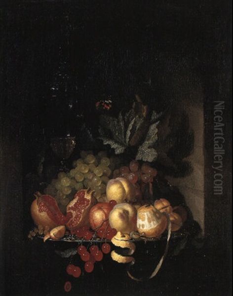 Peaches, Grapes And Other Fruit On A Silver Dish With A Glass In A Niche Oil Painting by Johannes Hannot