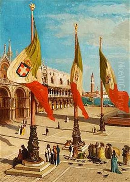 Udsigt Over Markuspladsen I Venedig Set Mod Dogepaladset Oil Painting by Alexandre Hannotiau