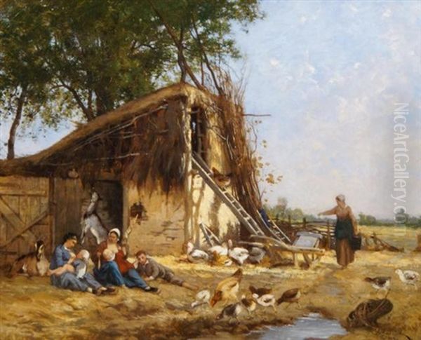 Les Poussings Oil Painting by Hector Charles Auguste Octave Constance Hanoteau