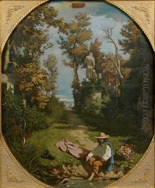 Jeune Homme Se Trempant Les Pieds Dans Un Parc Dans Un Ovale Peint Oil Painting by Hector Charles Auguste Octave Constance Hanoteau