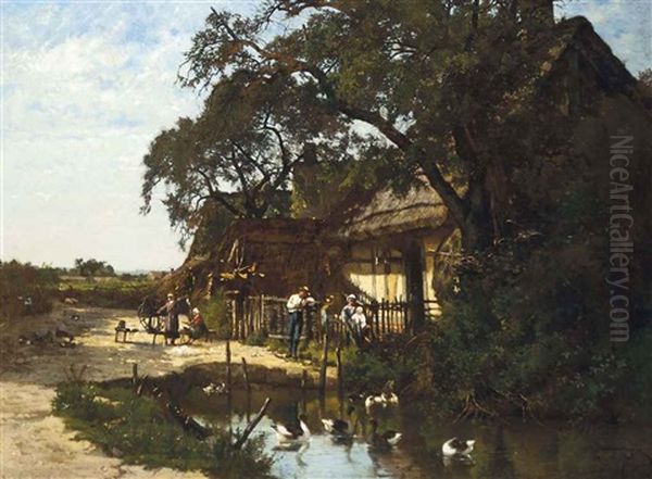 Spinning Wool By A Riverside Farmstead Oil Painting by Hector Charles Auguste Octave Constance Hanoteau