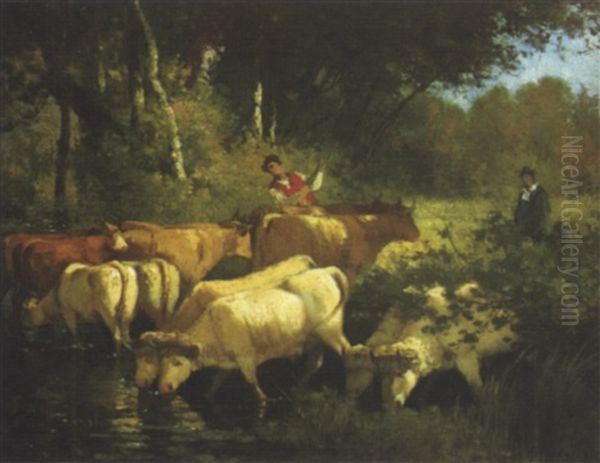 Boeufs A La Riviere Oil Painting by Hector Charles Auguste Octave Constance Hanoteau