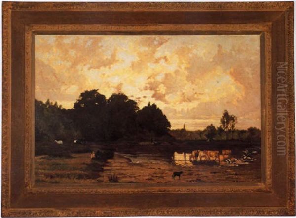 Pastoral Landscape Oil Painting by Hector Charles Auguste Octave Constance Hanoteau